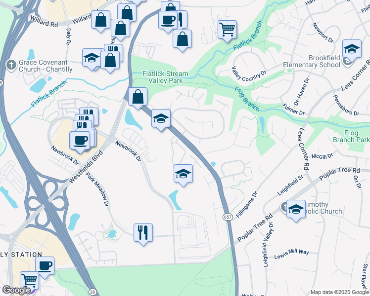 map of restaurants, bars, coffee shops, grocery stores, and more near 4627 Deerwatch Drive in Chantilly