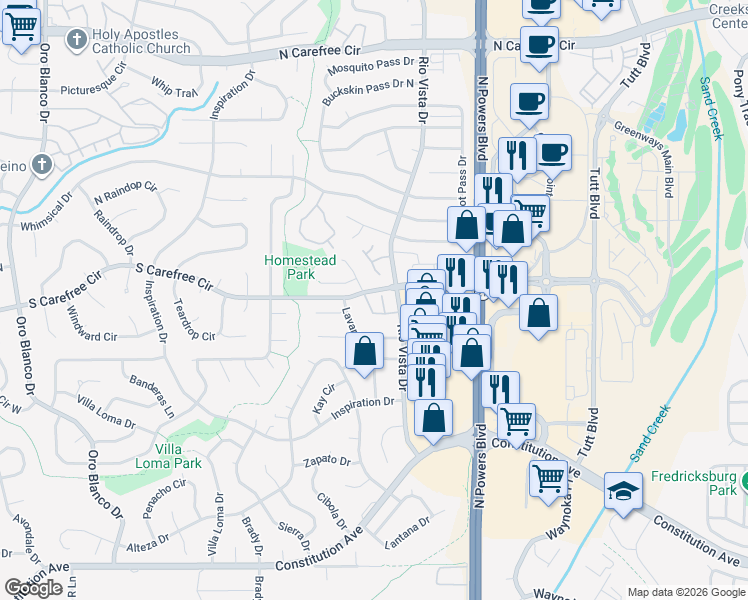 map of restaurants, bars, coffee shops, grocery stores, and more near 3011 Mandalay Grove in Colorado Springs