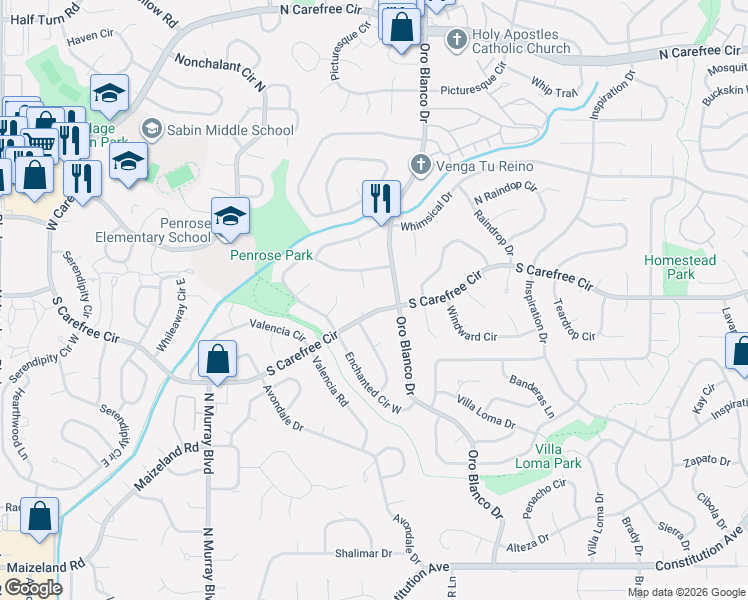 map of restaurants, bars, coffee shops, grocery stores, and more near 4680 South Carefree Circle in Colorado Springs