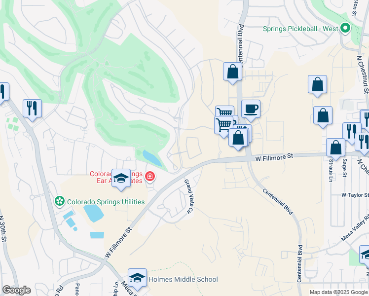 map of restaurants, bars, coffee shops, grocery stores, and more near 3150 Sheiks Place in Colorado Springs