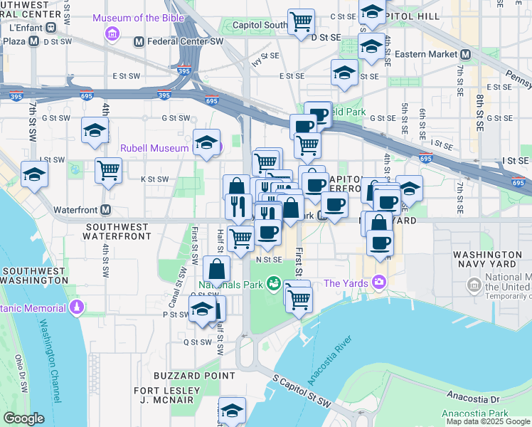 map of restaurants, bars, coffee shops, grocery stores, and more near 101 Independence Avenue Southeast in Washington