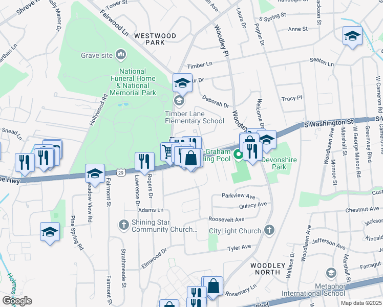 map of restaurants, bars, coffee shops, grocery stores, and more near 2813 Lee Oaks Court in Falls Church