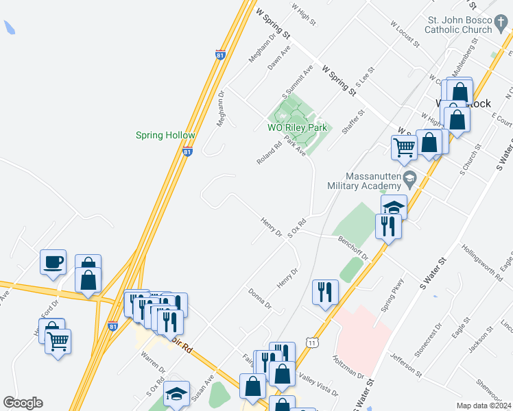 map of restaurants, bars, coffee shops, grocery stores, and more near 524 Henry Drive in Woodstock