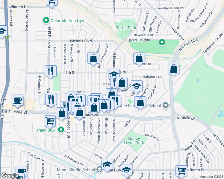map of restaurants, bars, coffee shops, grocery stores, and more near 3116 North Hancock Avenue in Colorado Springs