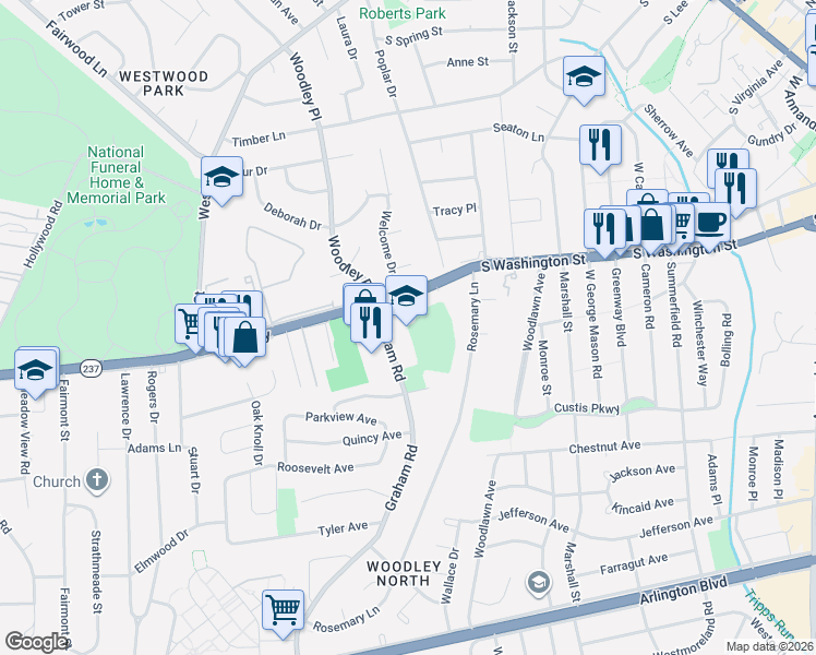 map of restaurants, bars, coffee shops, grocery stores, and more near 2813 Graham Road in Falls Church