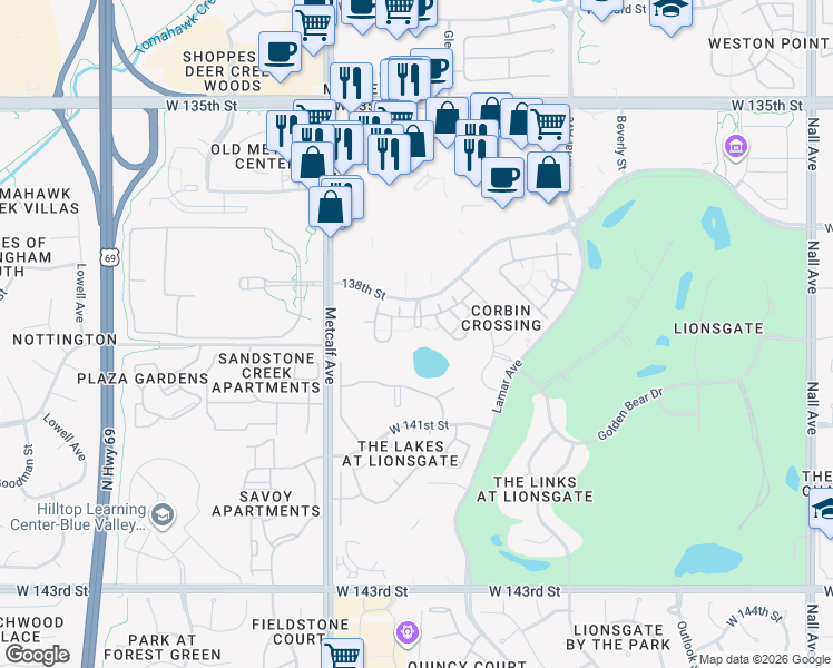 map of restaurants, bars, coffee shops, grocery stores, and more near 6801 West 138th Terrace in Overland Park
