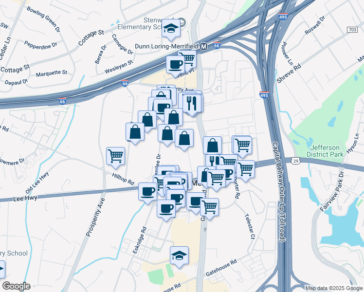 map of restaurants, bars, coffee shops, grocery stores, and more near 2814 Juniper Street in Fairfax