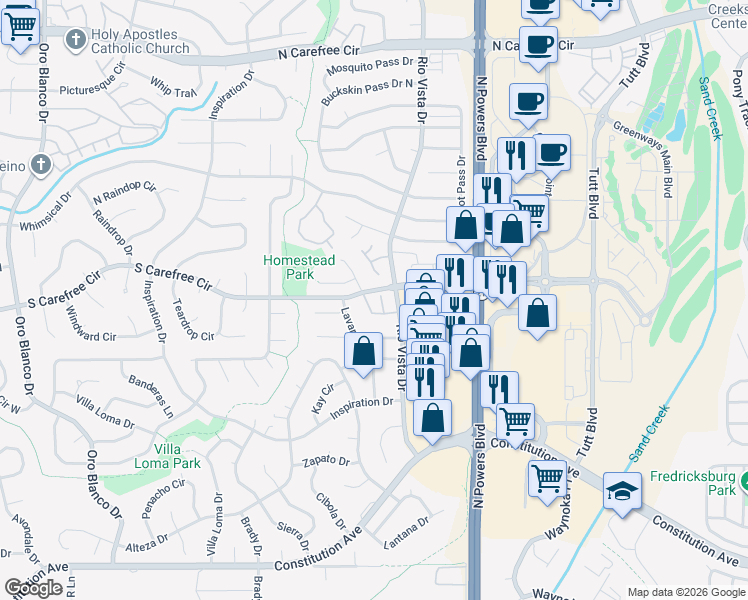 map of restaurants, bars, coffee shops, grocery stores, and more near 3011 Mandalay Grove in Colorado Springs
