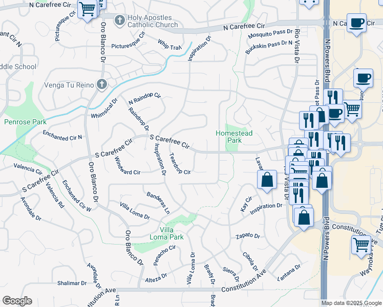 map of restaurants, bars, coffee shops, grocery stores, and more near 3005 Teardrop Circle in Colorado Springs