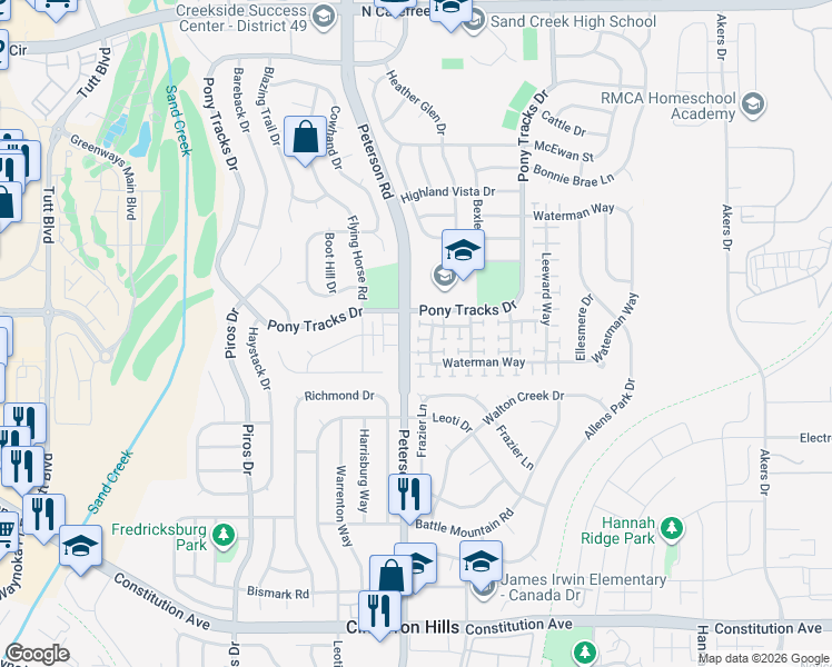 map of restaurants, bars, coffee shops, grocery stores, and more near 6820 Anchor Point in Colorado Springs