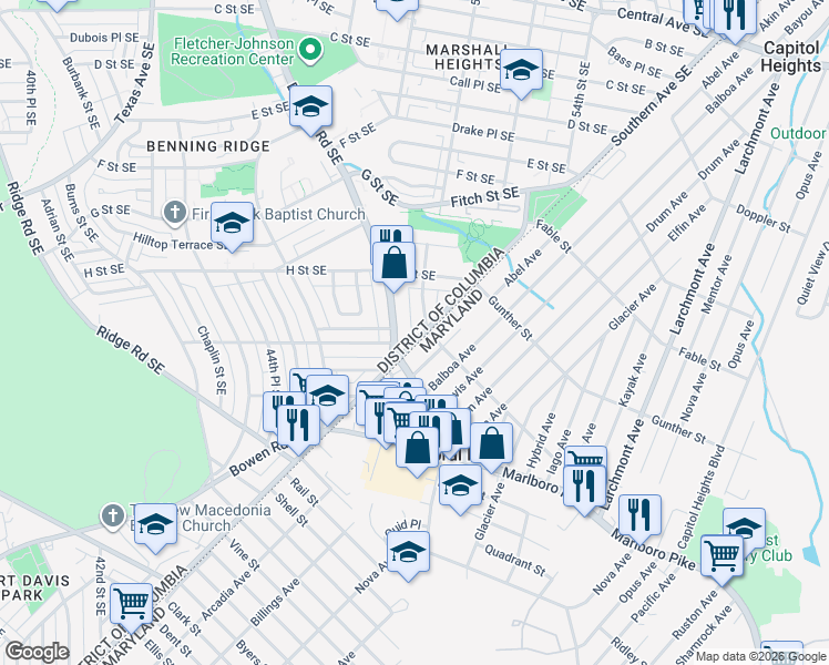 map of restaurants, bars, coffee shops, grocery stores, and more near 5010 Southern Avenue Southeast in Washington