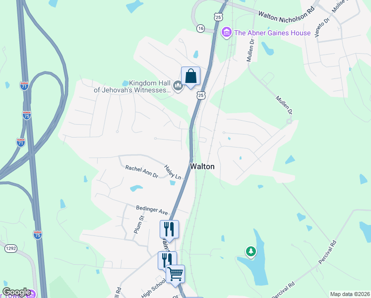 map of restaurants, bars, coffee shops, grocery stores, and more near 11025 Pelphry Lane in Walton