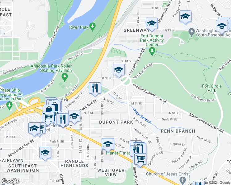 map of restaurants, bars, coffee shops, grocery stores, and more near 3114 M Place Southeast in Washington