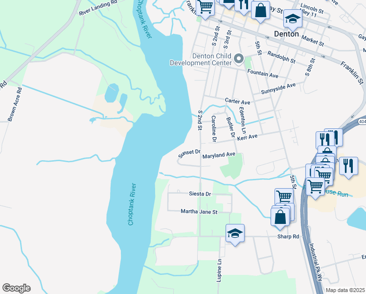 map of restaurants, bars, coffee shops, grocery stores, and more near 104 Sunset Drive in Denton
