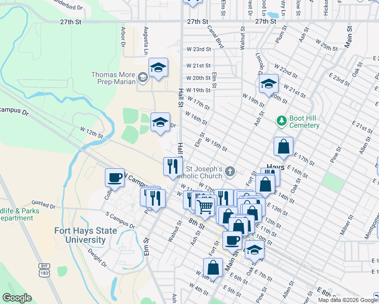 map of restaurants, bars, coffee shops, grocery stores, and more near 506 West 14th Street in Hays