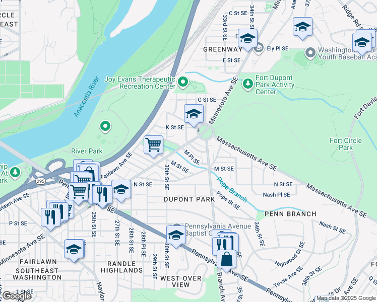map of restaurants, bars, coffee shops, grocery stores, and more near 3114 M Place Southeast in Washington