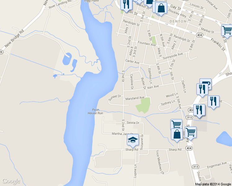 map of restaurants, bars, coffee shops, grocery stores, and more near 104 Sunset Drive in Denton