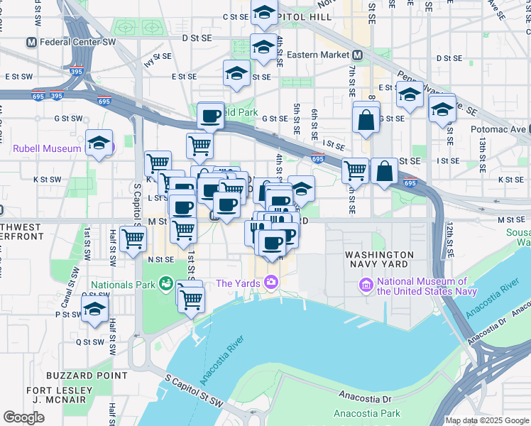 map of restaurants, bars, coffee shops, grocery stores, and more near 101 Independence Avenue Southeast in Washington