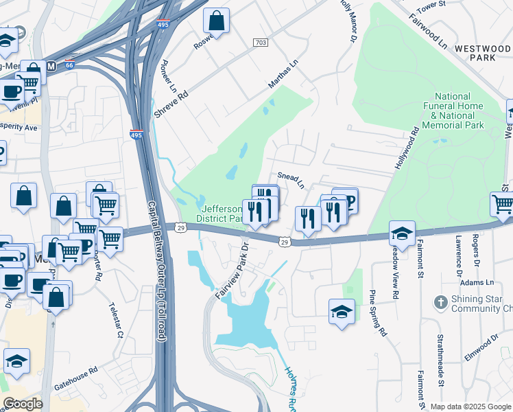 map of restaurants, bars, coffee shops, grocery stores, and more near 2812 Hyson Lane in Falls Church