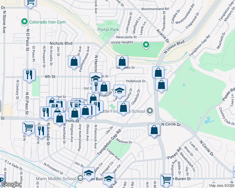 map of restaurants, bars, coffee shops, grocery stores, and more near 3130 Larkspur Drive in Colorado Springs