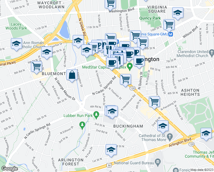map of restaurants, bars, coffee shops, grocery stores, and more near N Carlin Springs Rd & N Thomas St in Arlington