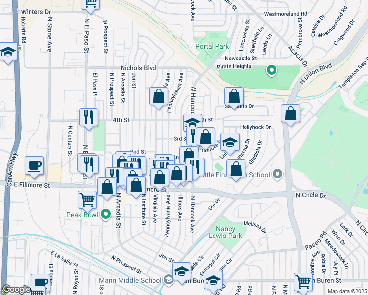 map of restaurants, bars, coffee shops, grocery stores, and more near 3116 North Hancock Avenue in Colorado Springs