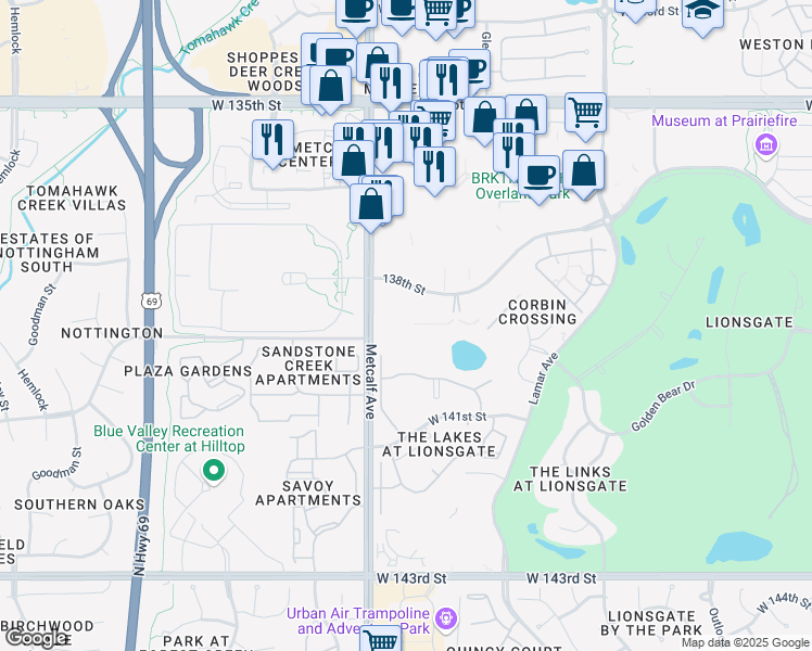 map of restaurants, bars, coffee shops, grocery stores, and more near 6901 West 138th Terrace in Overland Park