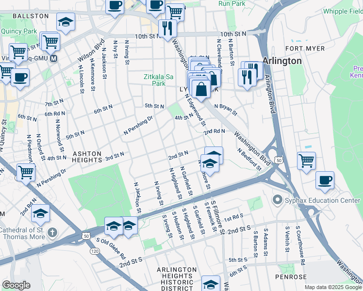 map of restaurants, bars, coffee shops, grocery stores, and more near 2922 2nd Road North in Arlington