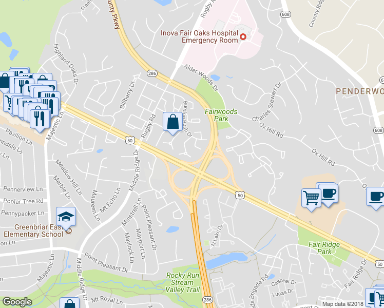 map of restaurants, bars, coffee shops, grocery stores, and more near 3969 Rosebay Court in Fairfax