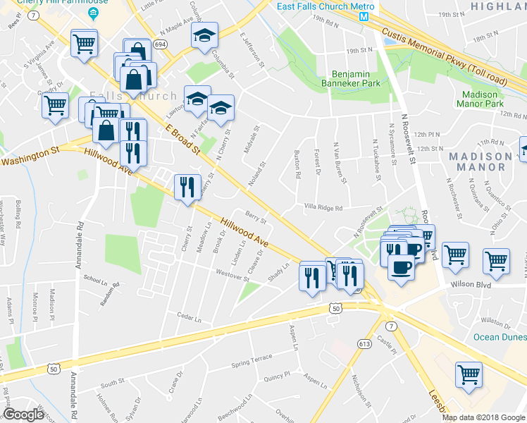 map of restaurants, bars, coffee shops, grocery stores, and more near 711 Berry Street in Falls Church