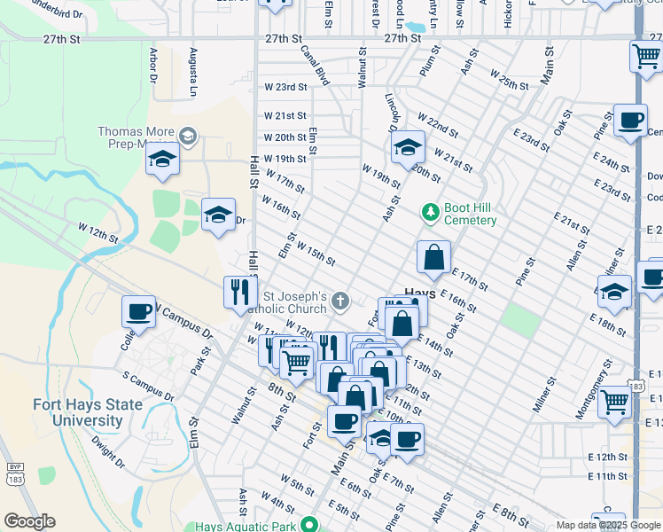 map of restaurants, bars, coffee shops, grocery stores, and more near 312 West 15th Street in Hays