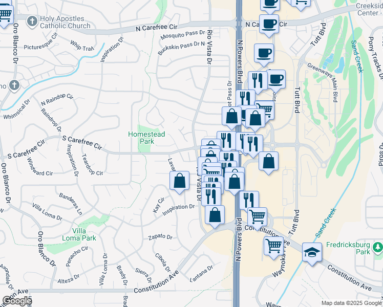 map of restaurants, bars, coffee shops, grocery stores, and more near 3011 Mandalay Grove in Colorado Springs