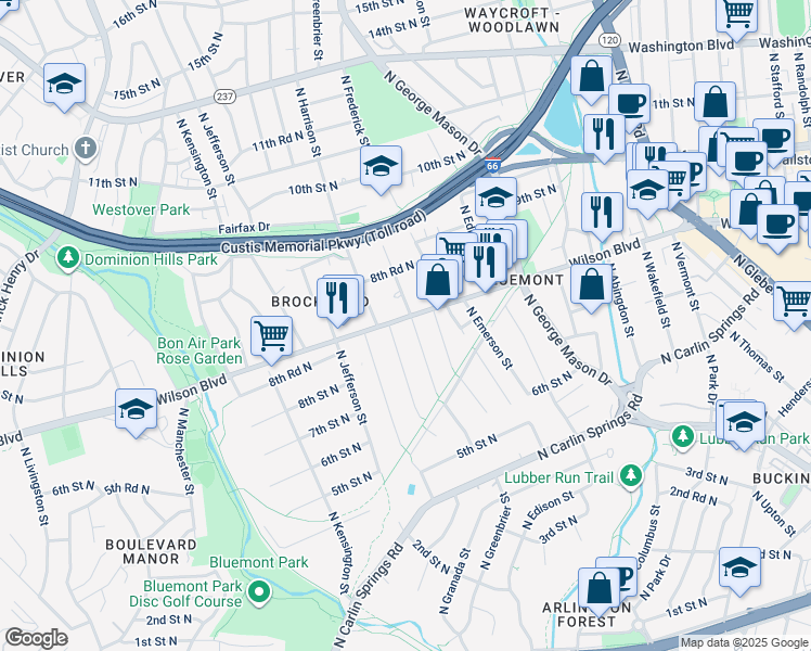 map of restaurants, bars, coffee shops, grocery stores, and more near 5304 Wilson Boulevard in Arlington