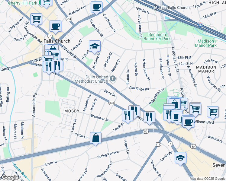 map of restaurants, bars, coffee shops, grocery stores, and more near 711 Berry Street in Falls Church