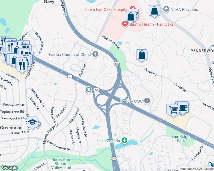 map of restaurants, bars, coffee shops, grocery stores, and more near 3969 Rosebay Court in Fairfax