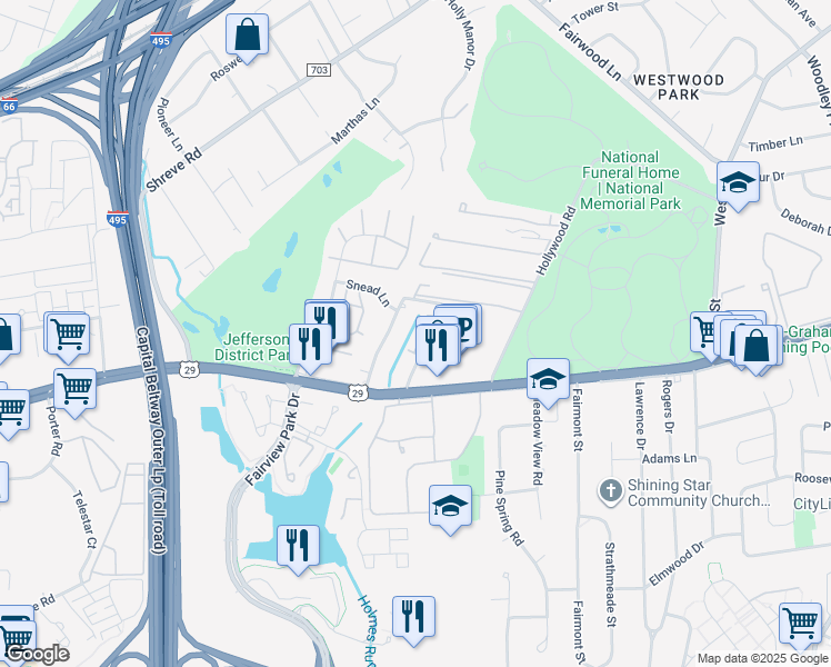 map of restaurants, bars, coffee shops, grocery stores, and more near 2816 Emma Lee Street in Falls Church