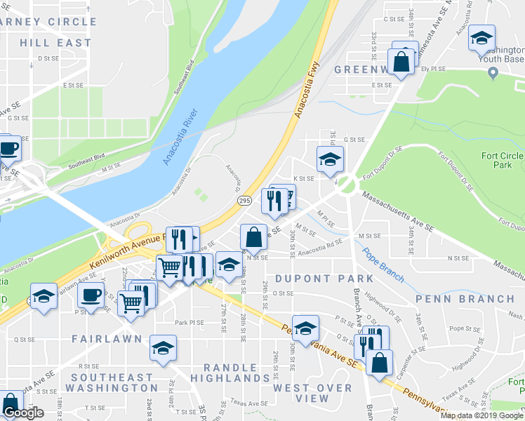 map of restaurants, bars, coffee shops, grocery stores, and more near 2915 M Street Southeast in Washington