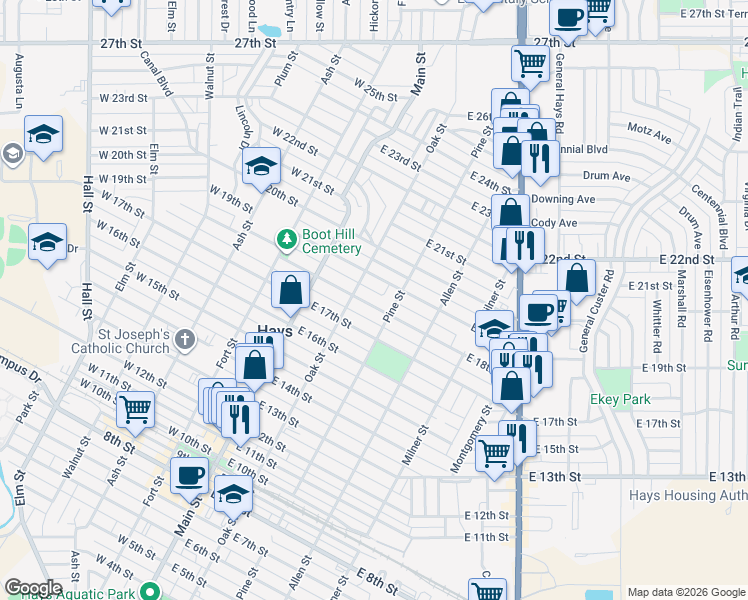 map of restaurants, bars, coffee shops, grocery stores, and more near 209 East 18th Street in Hays