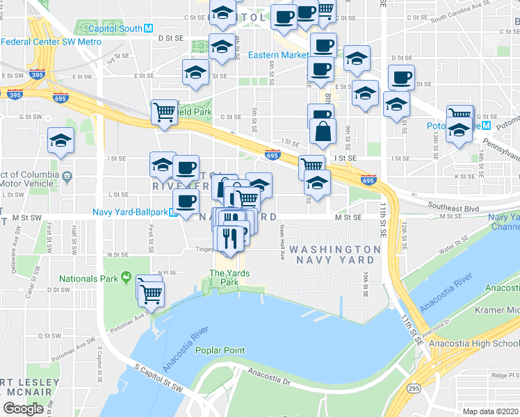 map of restaurants, bars, coffee shops, grocery stores, and more near 1150 5th Street Southeast in Washington