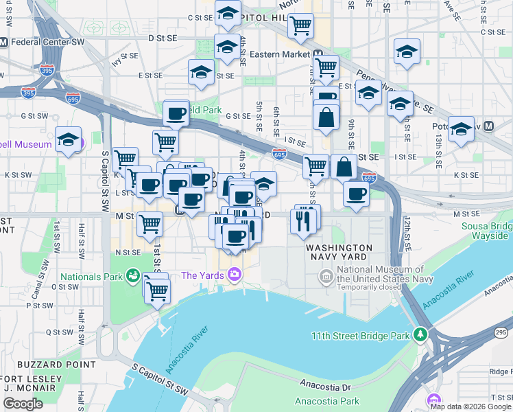 map of restaurants, bars, coffee shops, grocery stores, and more near 490 M Street Southeast in Washington