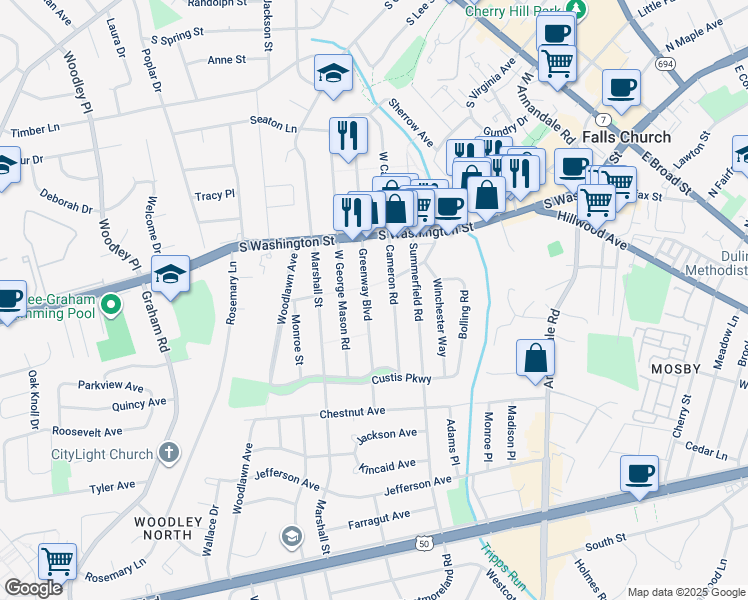 map of restaurants, bars, coffee shops, grocery stores, and more near 2813 Greenway Boulevard in Falls Church