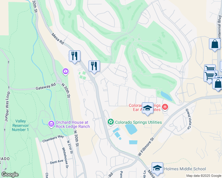 map of restaurants, bars, coffee shops, grocery stores, and more near 3135 Sunnybrook Lane in Colorado Springs