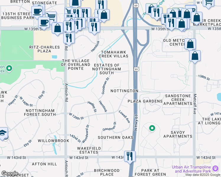 map of restaurants, bars, coffee shops, grocery stores, and more near 8019 West 138th Terrace in Overland Park