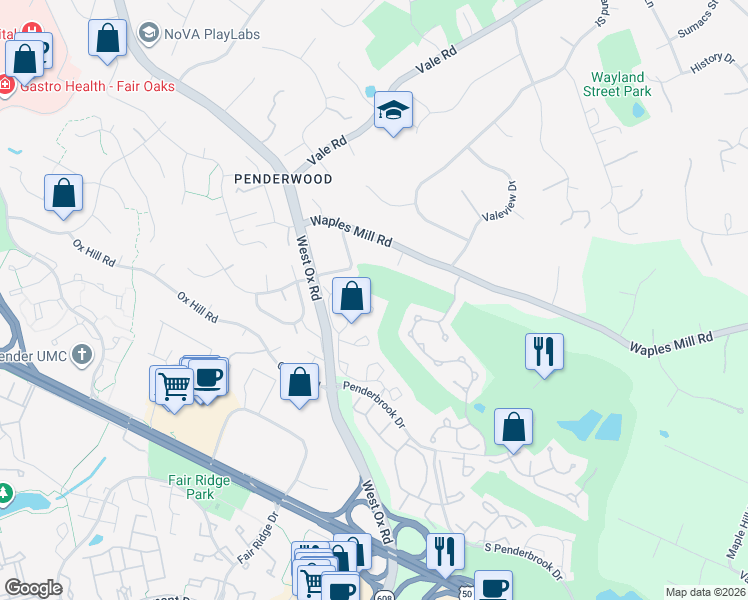 map of restaurants, bars, coffee shops, grocery stores, and more near 12114 Wedgeway Court in Fairfax