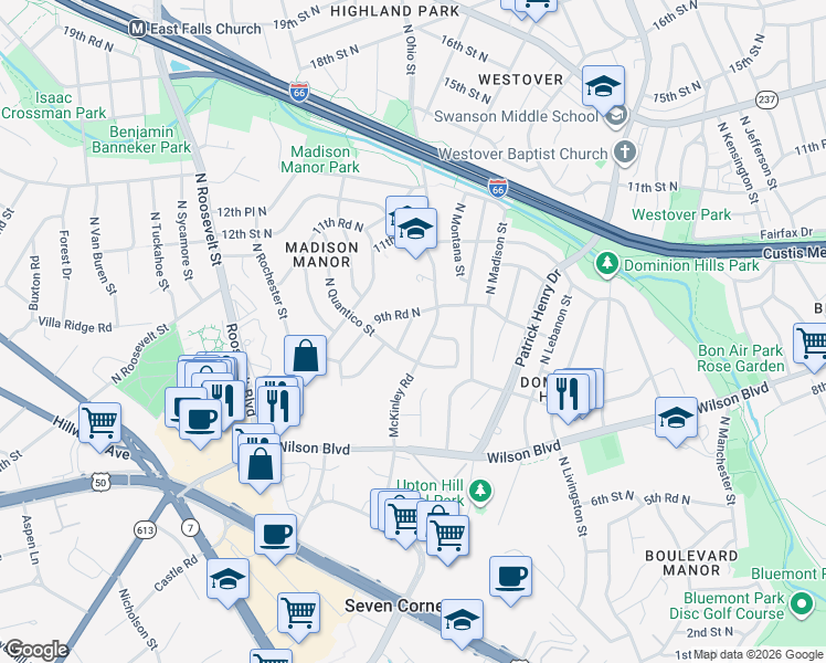 map of restaurants, bars, coffee shops, grocery stores, and more near 921 N Nottingham St in Arlington