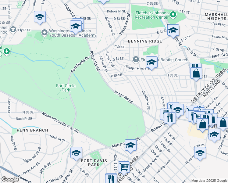 map of restaurants, bars, coffee shops, grocery stores, and more near 913-919 Ridge Rd SE in Washington