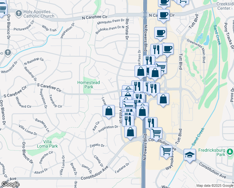 map of restaurants, bars, coffee shops, grocery stores, and more near 3011 Mandalay Grove in Colorado Springs