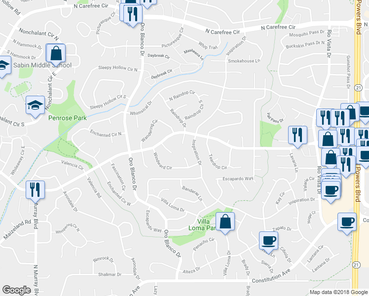 map of restaurants, bars, coffee shops, grocery stores, and more near 3130 Inspiration Drive in Colorado Springs