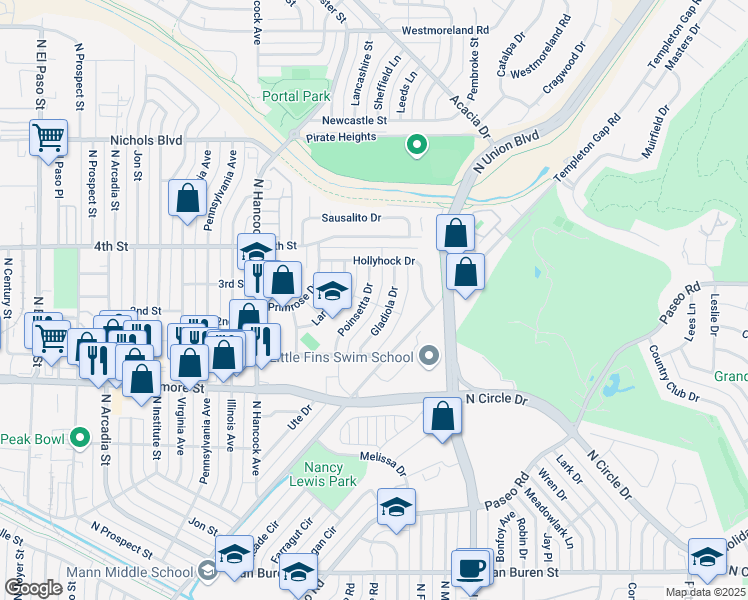 map of restaurants, bars, coffee shops, grocery stores, and more near 3202 Poinsetta Drive in Colorado Springs