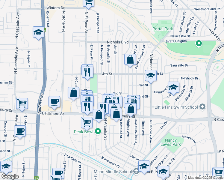 map of restaurants, bars, coffee shops, grocery stores, and more near 3105 North Arcadia Street in Colorado Springs
